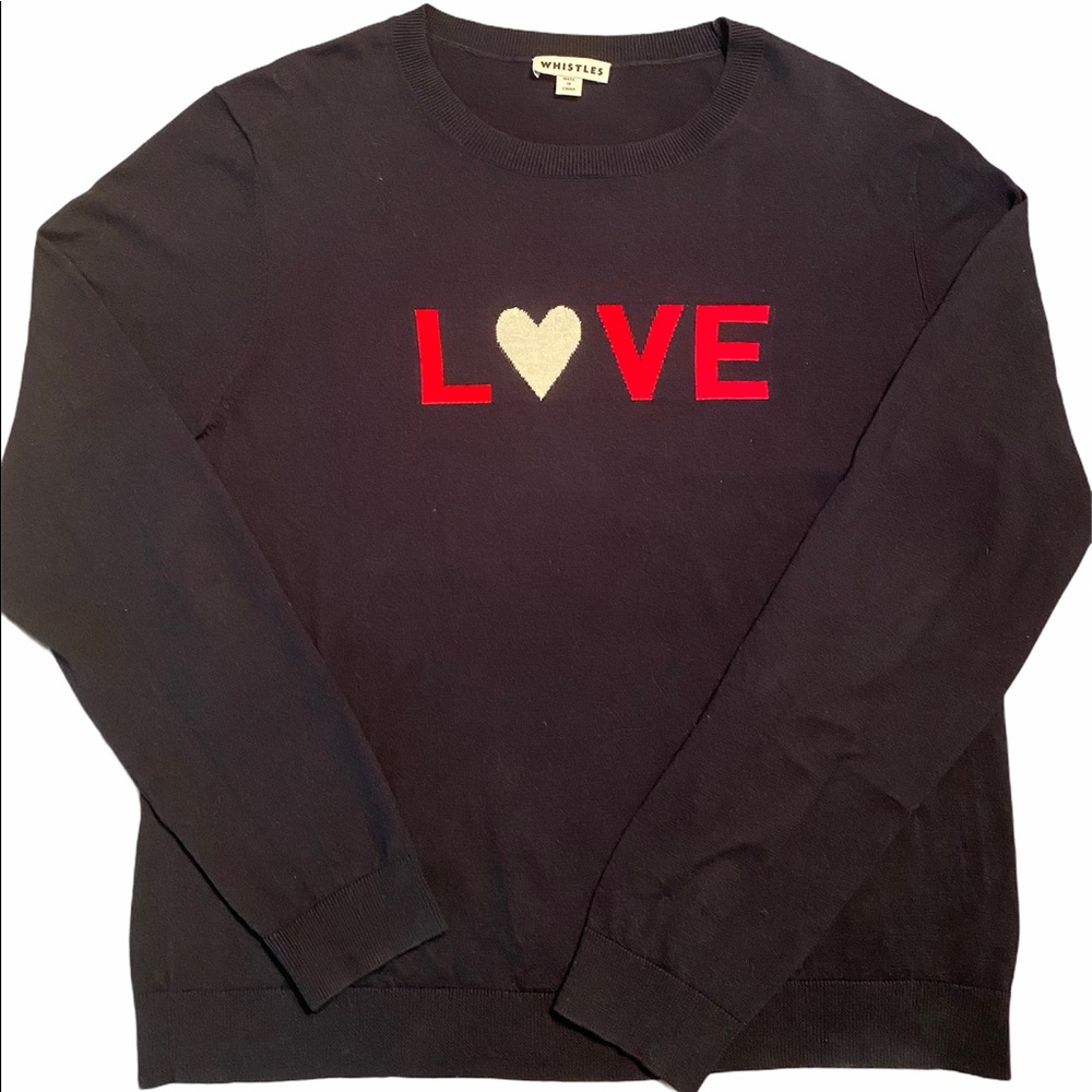 Whistles LOVEβ Navy Sweater Large Sz 12 Valentine Heart Crew Neck Preppy